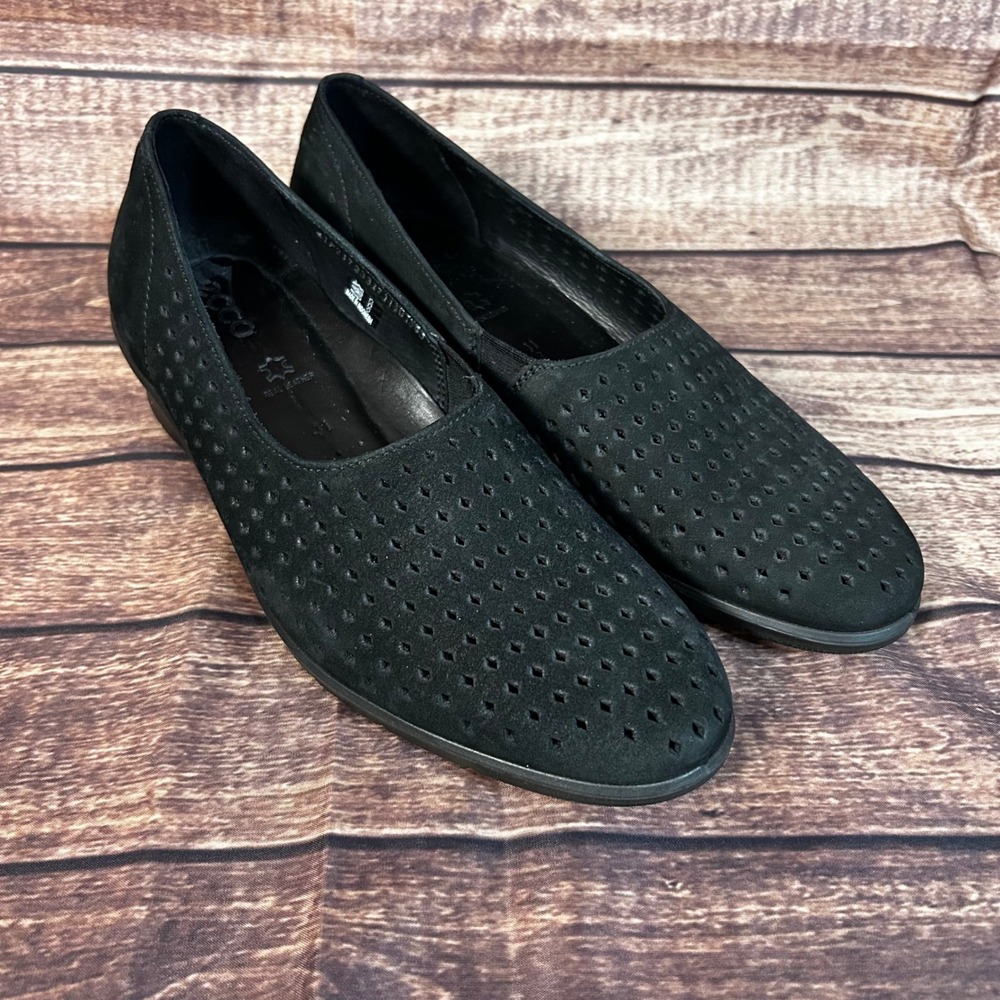 ECCO Felicia Black Nubuck Perforated Leather Slip On Wedge Loafers Shoes‎ EU 41